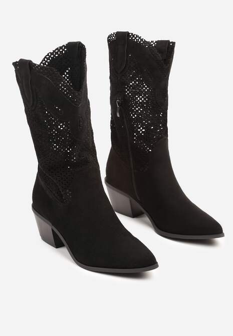 Czarne Botki Kowbojki na Słupku z Ażurową Cholewką Felmira