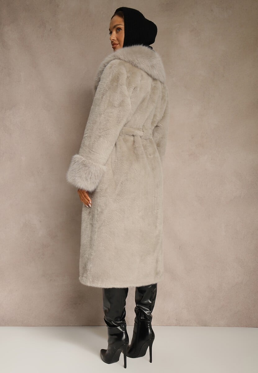 Szary Futrzany Płaszcz z Wiązanym Paskiem Ozdobnym Kołnierzem i Mankietami Viaressa