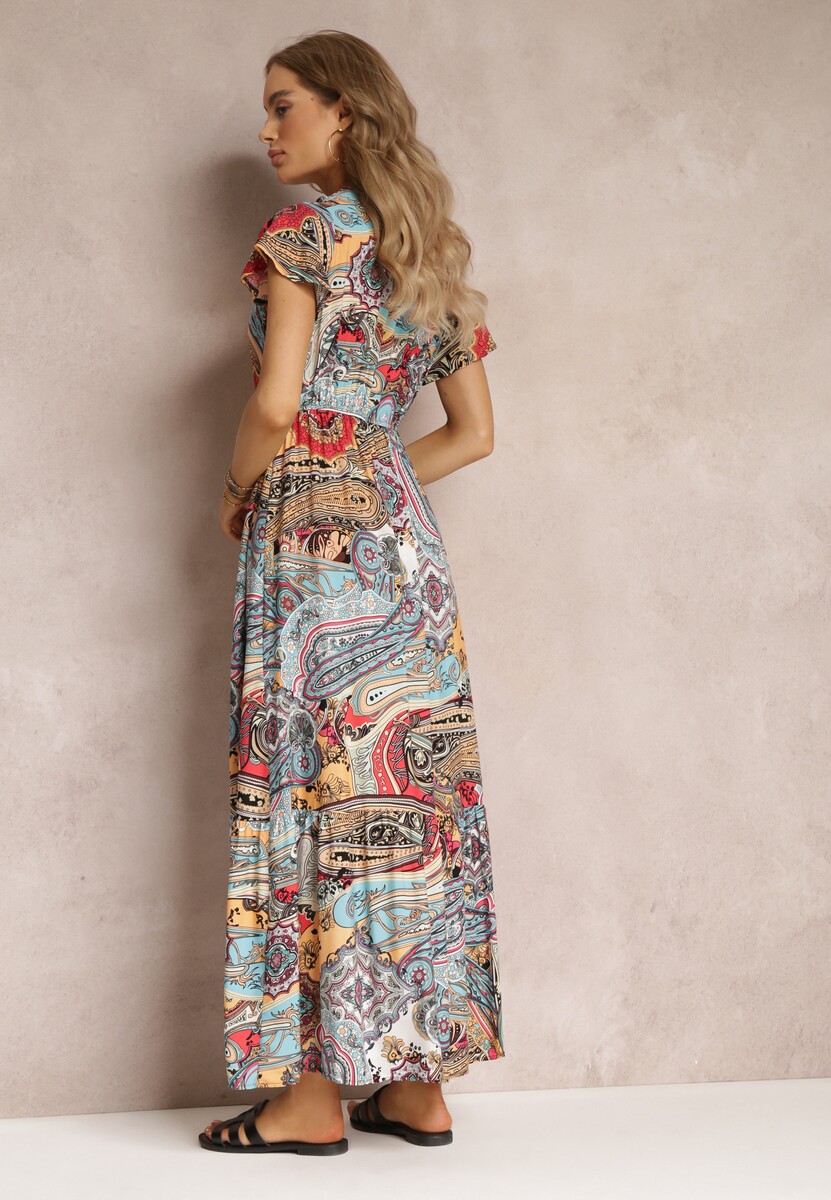 Jasnoniebiesko-Czerwona Sukienka z Kopertowym Dekoltem i Gumką w Talii z Wiskozy Haifa