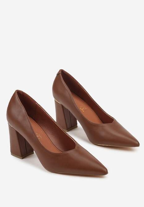 Brązowe Czółenka Vices na Geometrycznym Słupku ze Skórzaną Wkładką Modvire