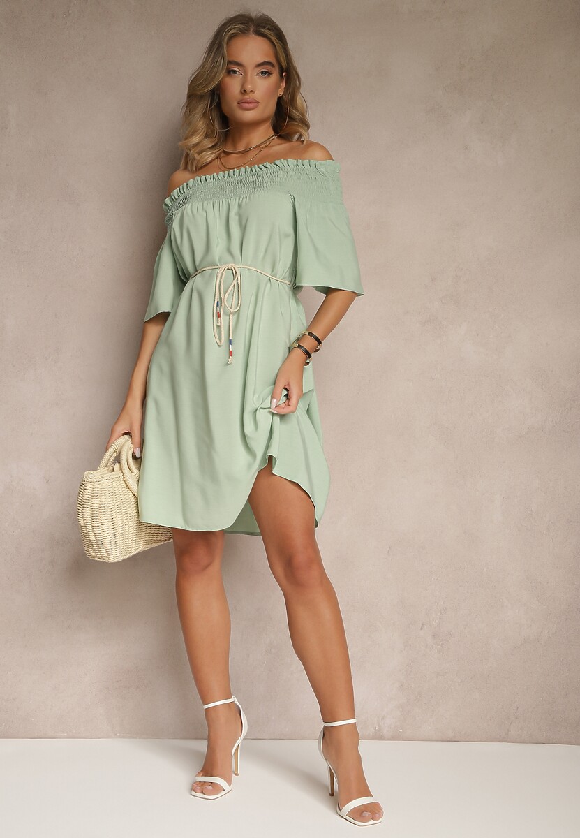 Zielona Sukienka Hiszpanka z Bawełną i Wiskozą Ozdobiona Sznurkiem Lilarelle