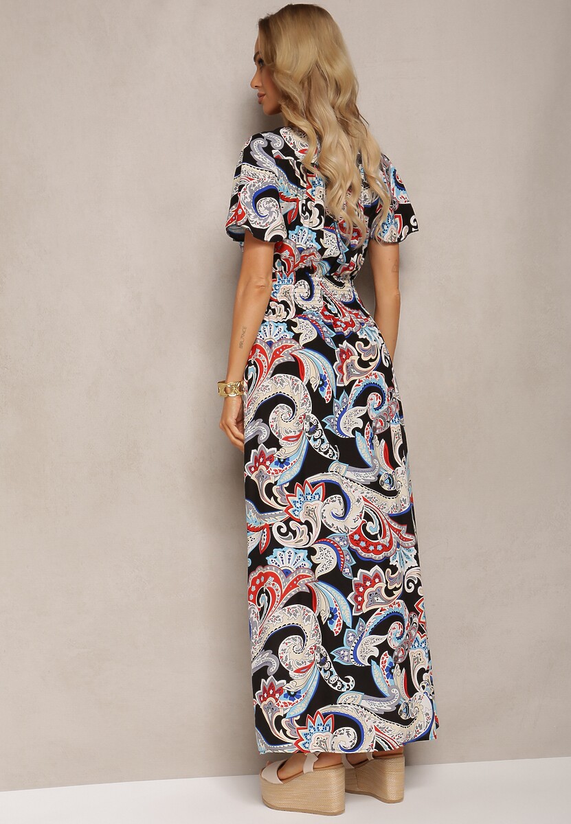 Czarno-Niebieska Rozkloszowana Sukienka z Bawełny o Kopertowym Kroju w Print Paisley Piavella