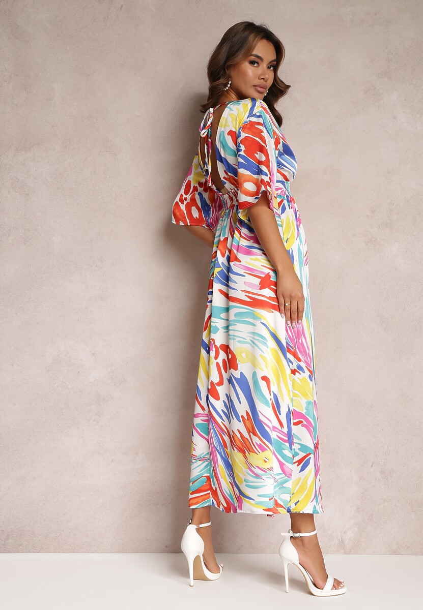 Czerwono-Biała Sukienka Maxi z Rozcięciami i Fantazyjnym Printem Dammi