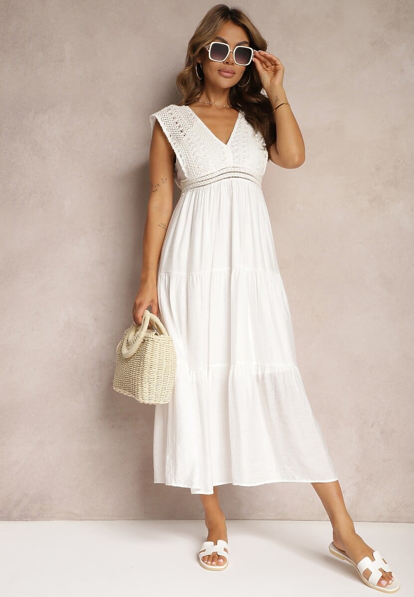 Biała Szydełkowa Sukienka Maxi z Głębokim Dekoltem i Falbanką na Dole Annama