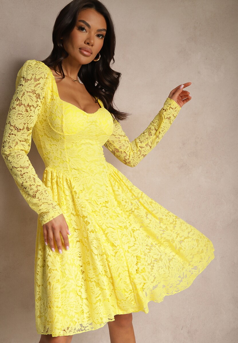 Żółta Taliowana Sukienka z Koronki z Rozkloszowanym Dołem Teladriela