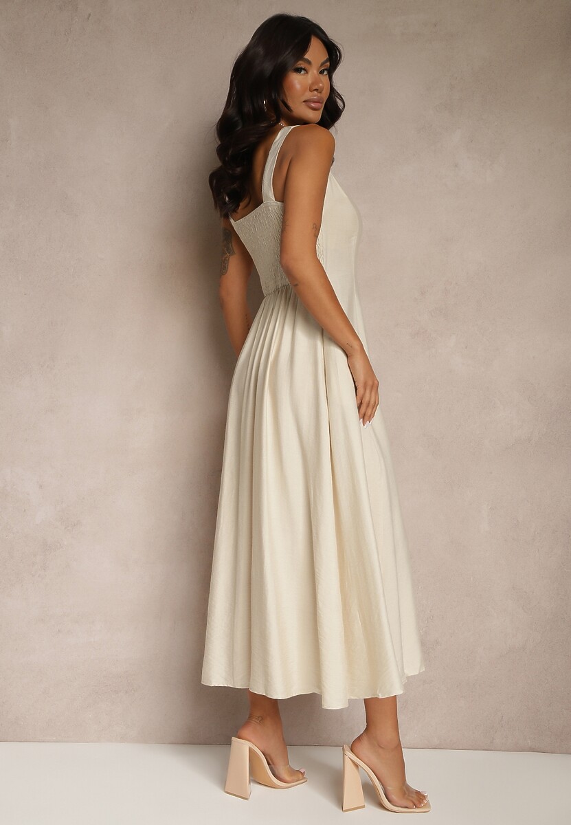 Beżowa Rozkloszowana Sukienka z Wiskozy Ozdobiona Kwadratowym Dekoltem Avledia