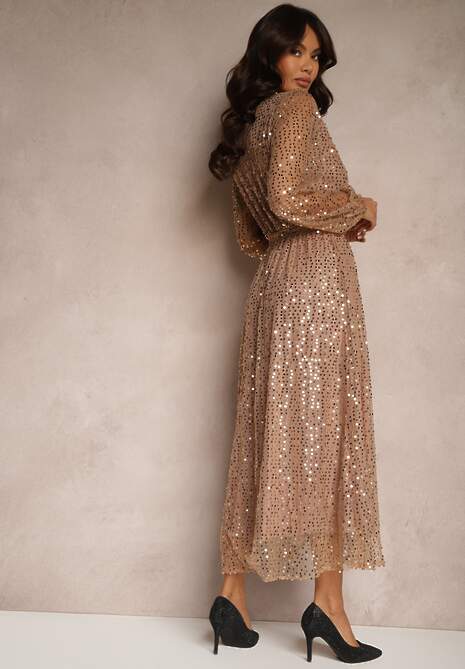 Złota Rozkloszowana Sukienka Koktajlowa z Materiałowy Paskiem i Cekinami Ilige