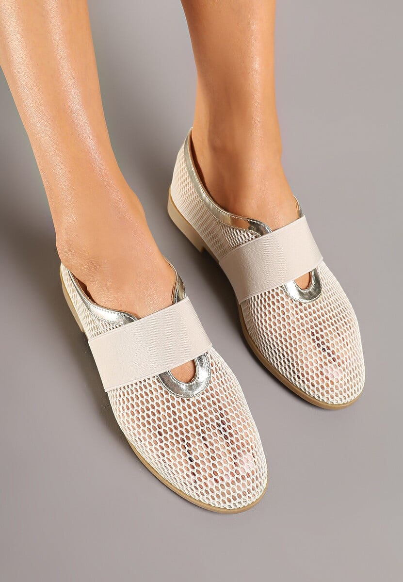 Złote Siateczkowe Balerinki Ozdobione Elastycznym Paskiem Selesi
