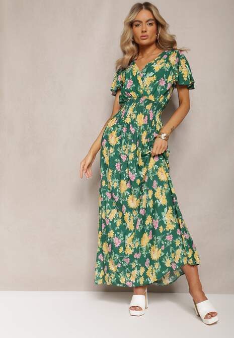Zielono-Żółta Maxi Sukienka w Kwiaty z Wiskozy o Rozkloszowanym Kroju z Kopertowym Dekoltem Brilva