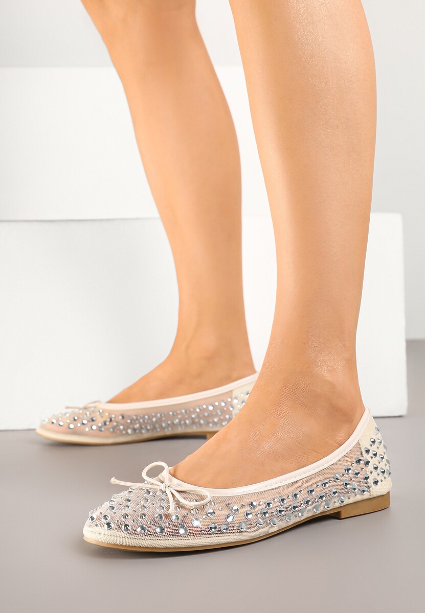 Jasnobeżowe Siateczkowe Balerinki Zdobione Cyrkoniami i Kokardką Revia