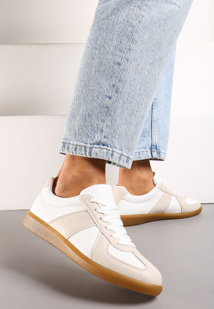 Beżowo-Białe Sneakersy Tenisówki z Ozdobnymi Przeszyciami Sumina