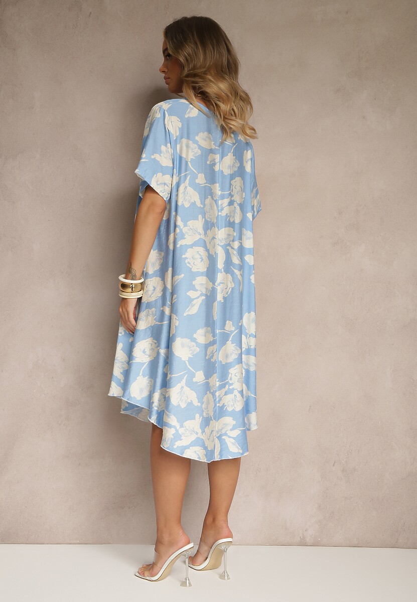 Jasnoniebieska Sukienka Pudełkowa z Wiskozy w Kwiaty Aranolia
