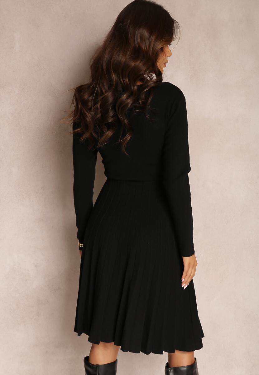 Czarna Sukienka Dzianinowa z Wiązaniem i Plisowanym Dołem Phelleira