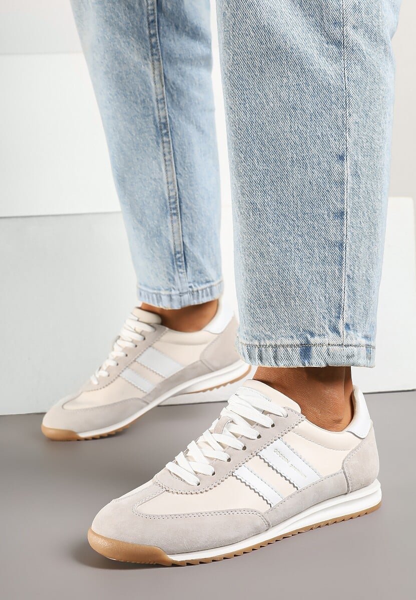 Szaro-Białe Sneakersy ze Skórzaną Wkładką i Ozdobnymi Paskami Nasnella