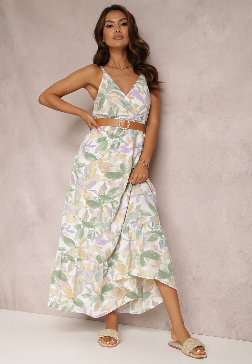 Biało-Zielona Sukienka z Paskiem Nevin