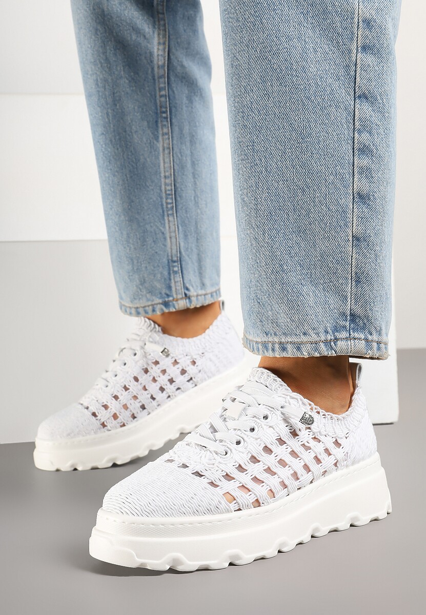 Białe Sneakersy na Platformie z Ażurkową Cholewką Marionea