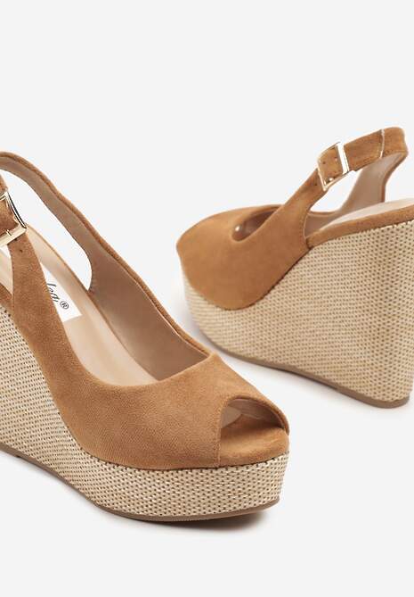 Brązowe Sandały Slingback z Imitacji Zamszu na Koturnie Daldiva