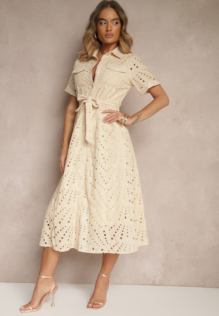 Beżowa Ażurowa Sukienka Koszulowa Ozdobiona Paskiem Rinailia