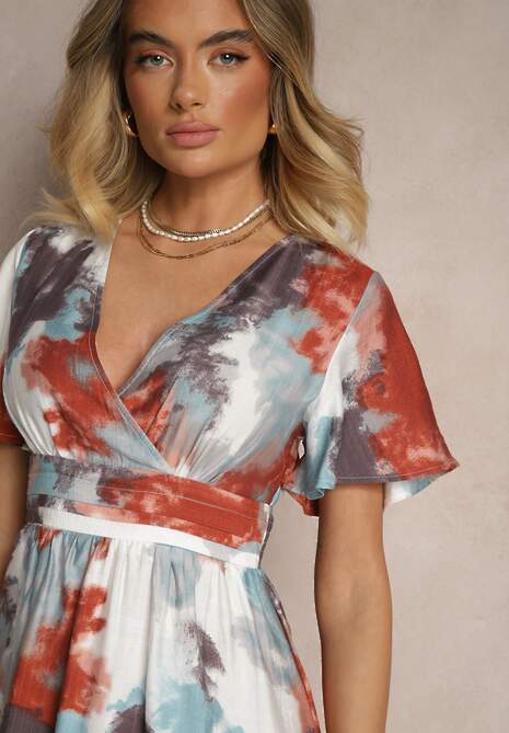 Pomarańczowa Kopertowa Sukienka z Wiskozą i Abstrakcyjnym Wzorem Feledia