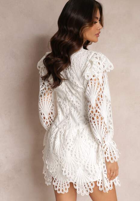 Biała Rozkloszowana Sukienka Mini z Koronki Delores