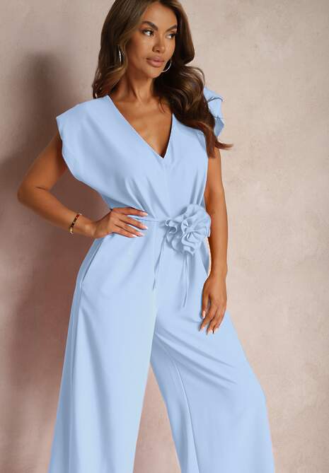 Niebieski Kombinezon Wykończony Prostymi Szerokimi Nogawkami z Wiskozą i Kwiatem 3D Dimentia