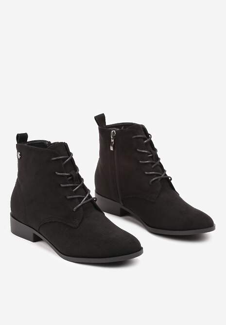 Czarne Wiązane Botki na Płaskiej Podeszwie Erithara