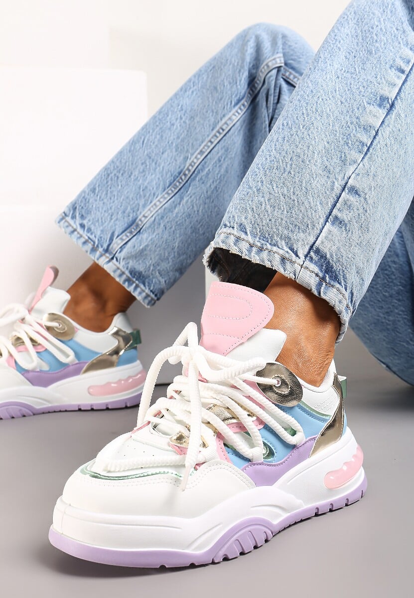 Biało-Fioletowe Sneakersy Ozdobione Kolorowymi i Metalicznymi Wstawkami na Grubej Podeszwie Oplevia