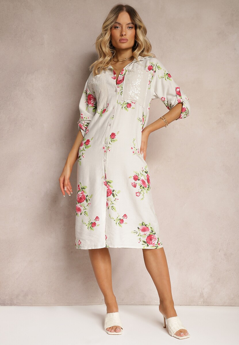 Jasnoszara Koszulowa Bawełniana Sukienka Zapinana na Guziki Nuramla