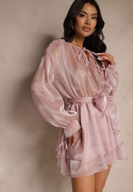 Różowa Rozkloszowana Sukienka z Paskiem i Wiązaniem Savare