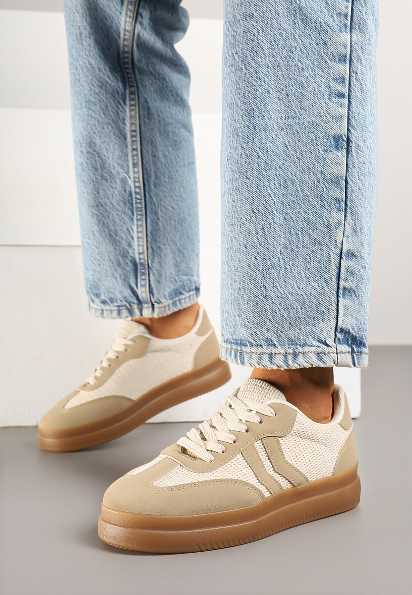 Beżowe Sneakersy Ozdobione Paskami Sadleane