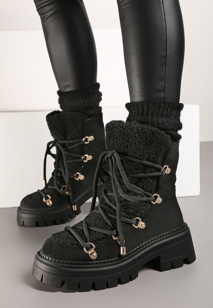 Czarne Sznurowane Śniegowce na Platformie z Ociepleniem Innathiel