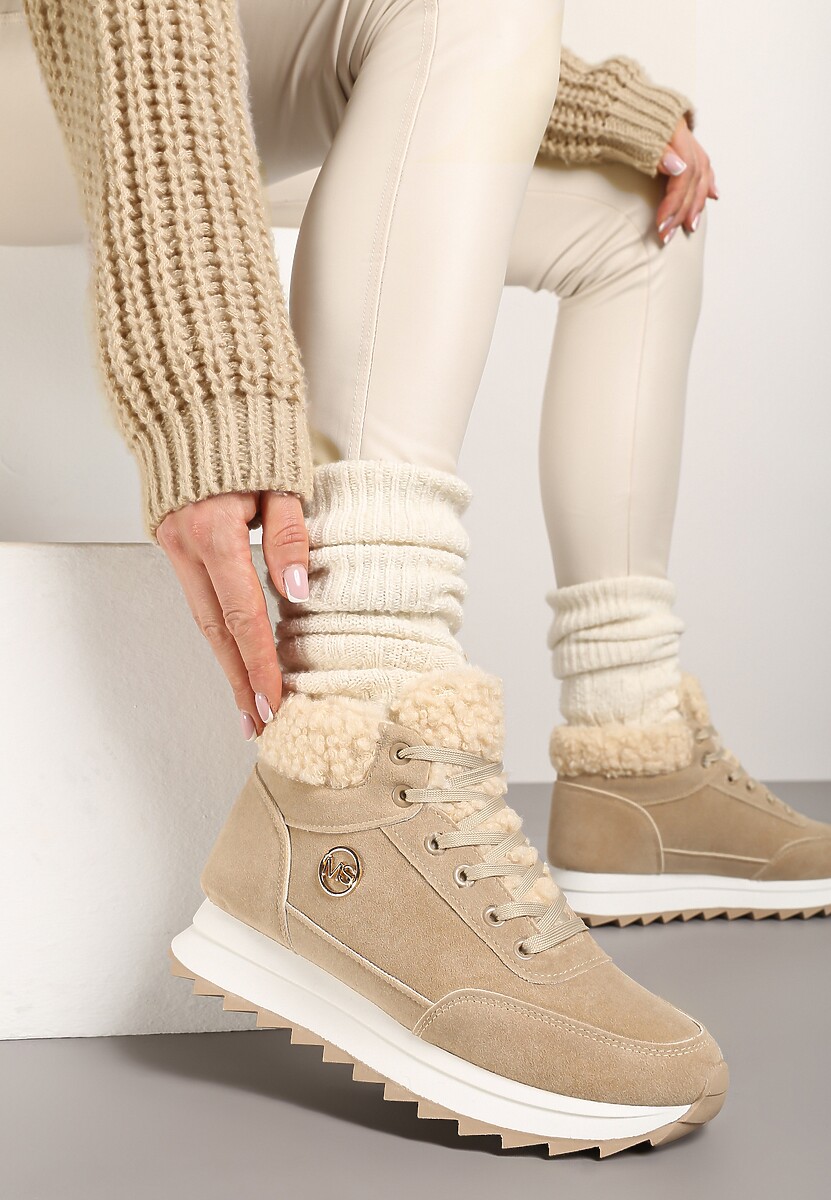 Ciemnobeżowe Sneakersy z Ekozamszu z Futrzaną Wyściółką Etaylla