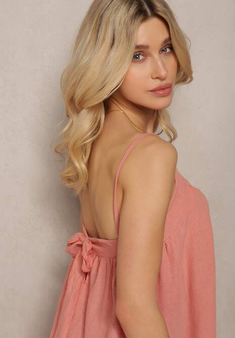 Ciemnoróżowa Sukienka na Ramiączkach o Rozkloszowanym Kroju z Wiązaniem z Tyłu i Falbanką Palara