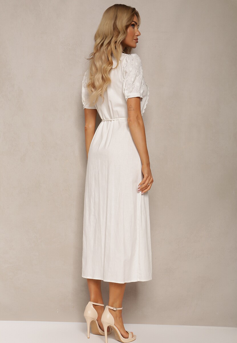 Biała Bawełniana Sukienka z Paskiem Ozdobiona Koronką Virona