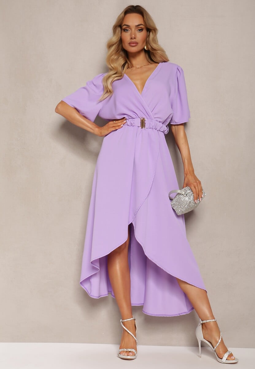 Fioletowa Sukienka o Kopertowym Kroju z Marszczoną Gumką i Paskiem w Talii Dariane
