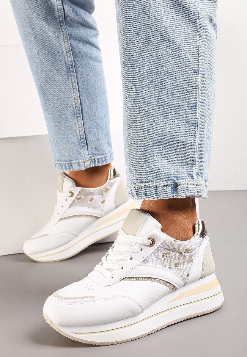 Biało-Czarne Sznurowane Sneakersy z Ekoskóry z Błyszczącymi Wstawkami Fiviara