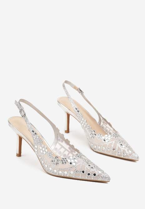 Srebrne Sandały na Szpilce Slingback z Ażurową Cholewką Latilena