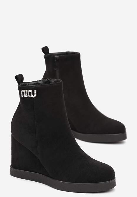 Czarne Botki z Ozdobą z Cyrkoniami Osadzone na Koturnie Calgrana