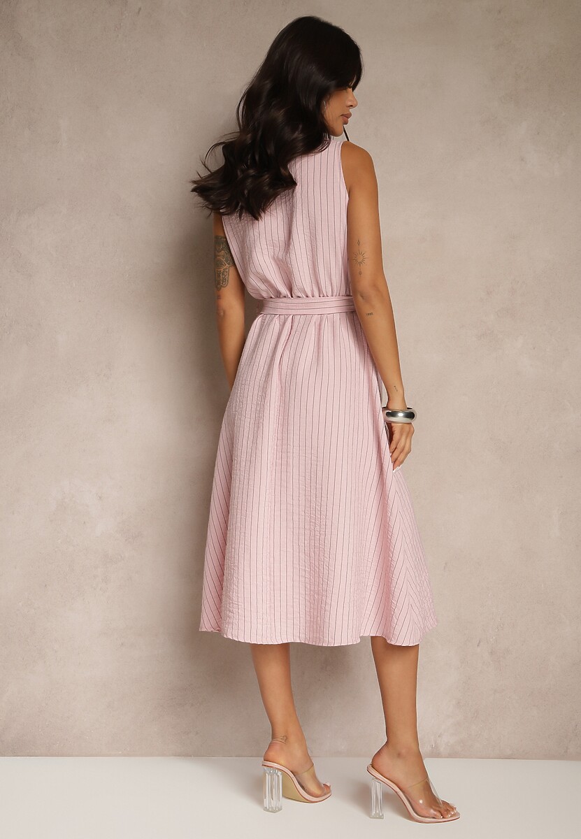 Różowa Koszulowa Sukienka Bez Rękawów z Wiązanym Paskiem Lideene