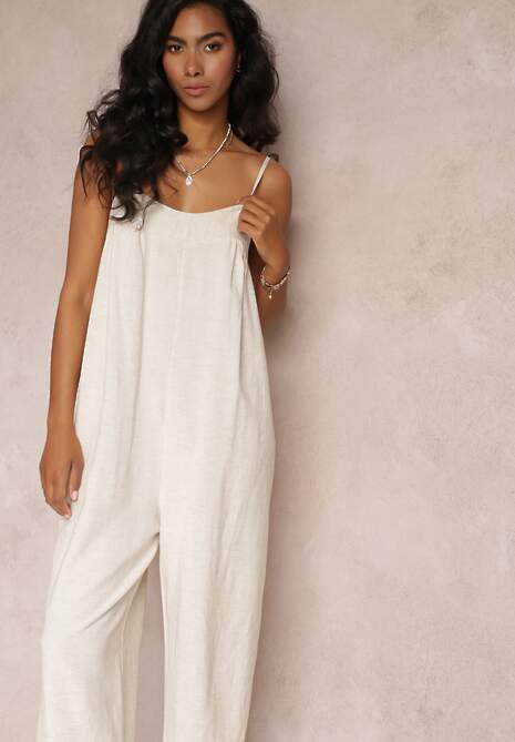 Beżowy Kombinezon na Regulowanych Ramiączkach z Długimi Nogawkami z Bawełny Myrcela