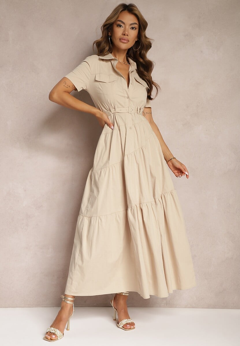 Beżowa Bawełniana Sukienka o Rozkloszowana Zwężana w Talii Nenefia