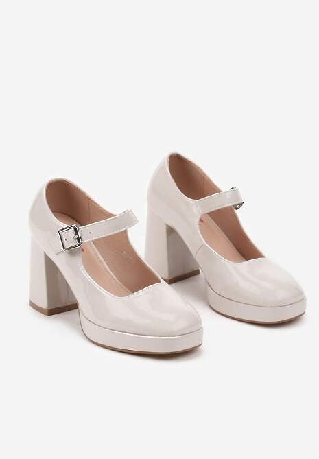 Beżowe Półbuty Lakierowane w Stylu Mary Jane na Obcasie z Paseczkiem Aciena