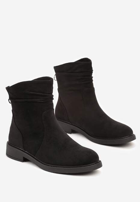 Czarne Botki na Płaskiej Podeszwie z Marszczeniami przy Cholewce z Suwakiem Raisine