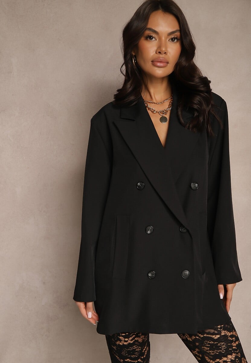 Czarna Marynarka Dwurzędowa o Przedłużonym Fasonie Pilinne