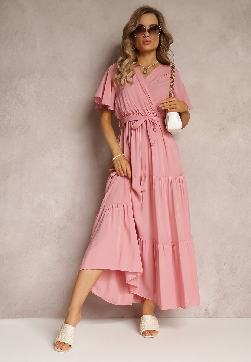Różowa Rozkloszowana Sukienka z Falbanką i Wiązanym Paskiem Adotine