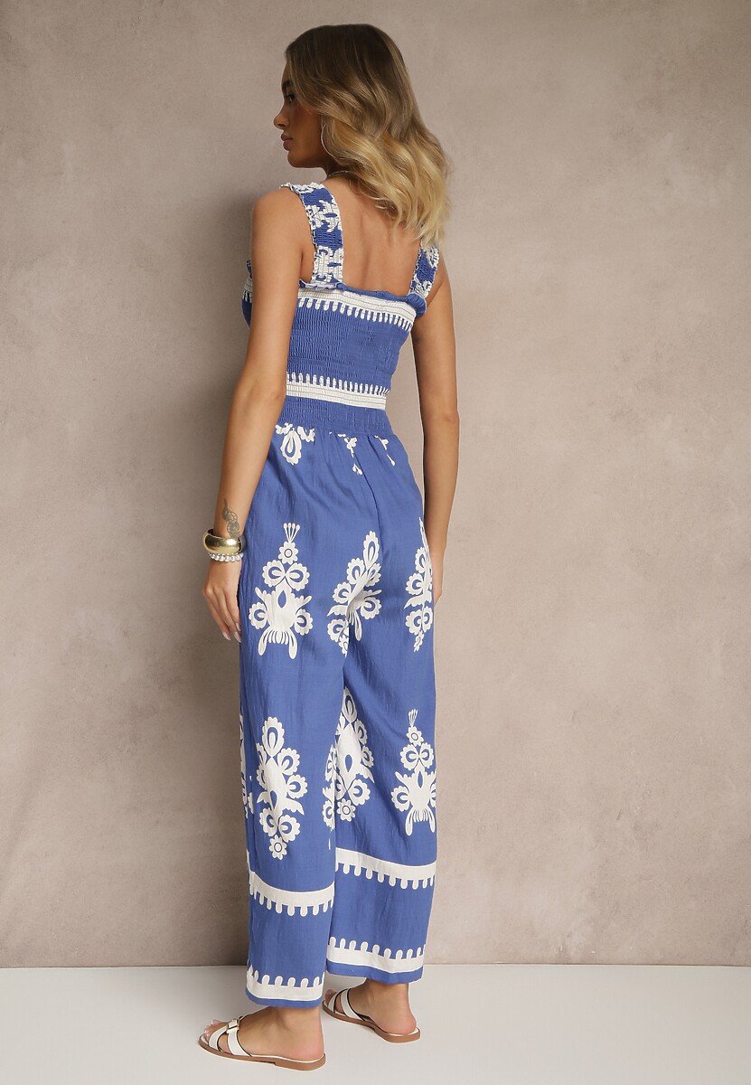 Niebieski Kombinezon Wide Leg z Wiskozy na Ramiączkach Zdobiony Etnicznym Wzorem Melriti