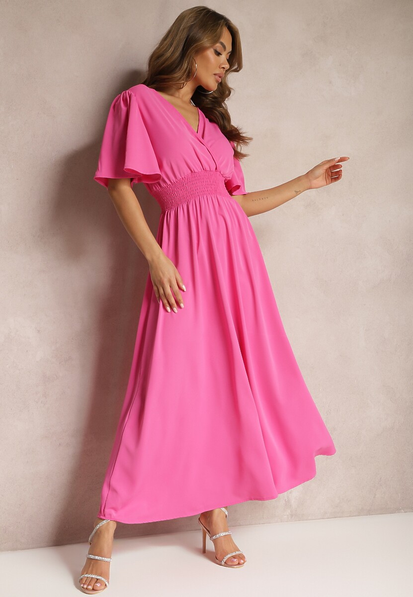 Jasnofioletowa Sukienka z Luźnymi Rękawami Wiązaniem z Wycięciem na Plecach i Gumką w Talii Valenta