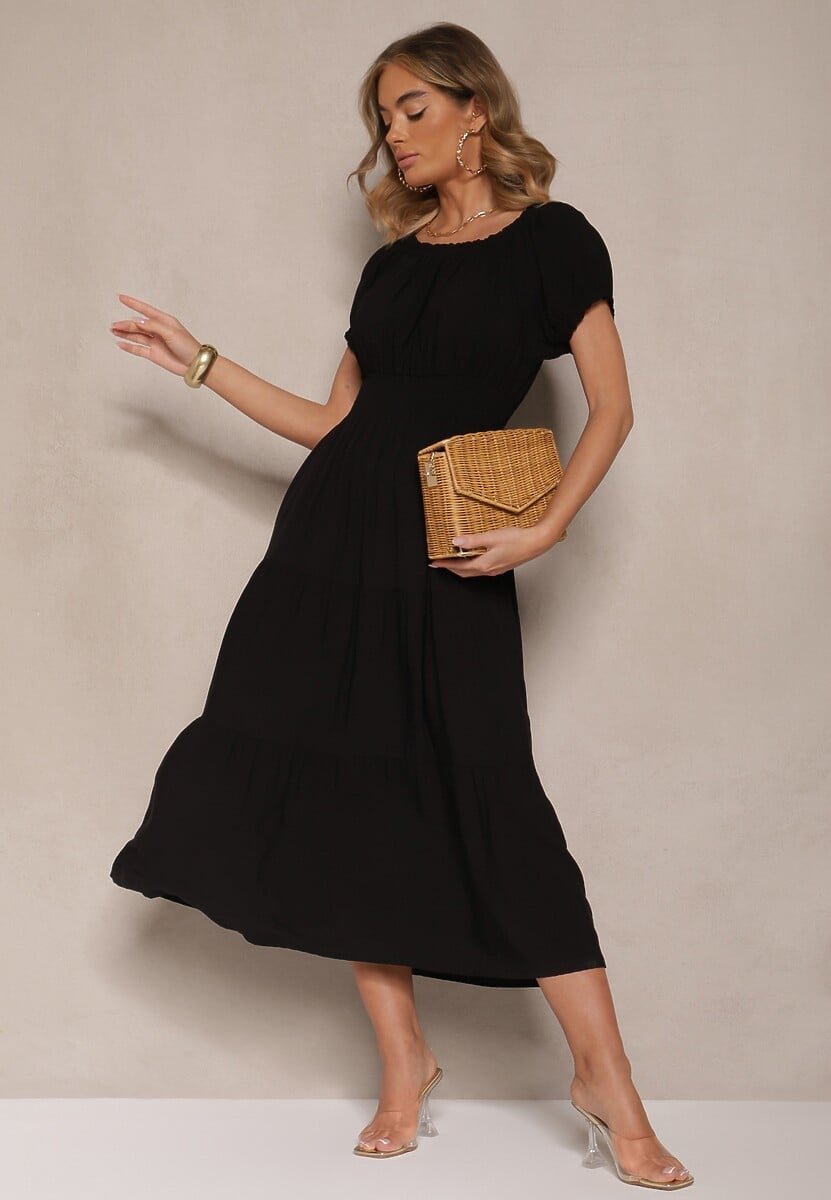 Czarna Rozkloszowana Sukienka z Gumką w Talii i Dekoltem w Kształcie Łódki Miratela