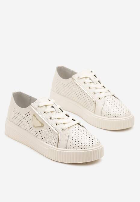 Beżowe Sneakersy Skórzane Ozdobione Aplikacją i Perforacją Nilairis