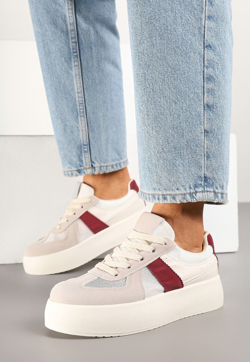 Beżowo-Bordowe Sneakersy Typu Kultowe Tenisówki na Grubej Podeszwie Nanessa
